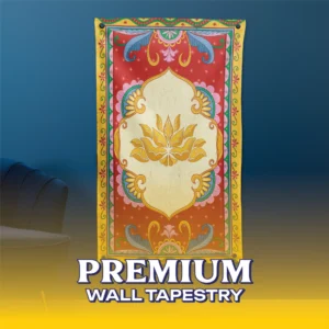 The Traditional Lotus Motif Tapestry hanging on a wall, featuring a central golden lotus design within a decorative red and yellow archway.