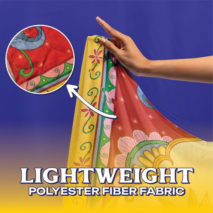 Traditional Lotus Motif Tapestry material Close-up of the lightweight polyester fabric on the Traditional Lotus Motif Tapestry, highlighting the vivid red and green intricate patterns and soft texture.