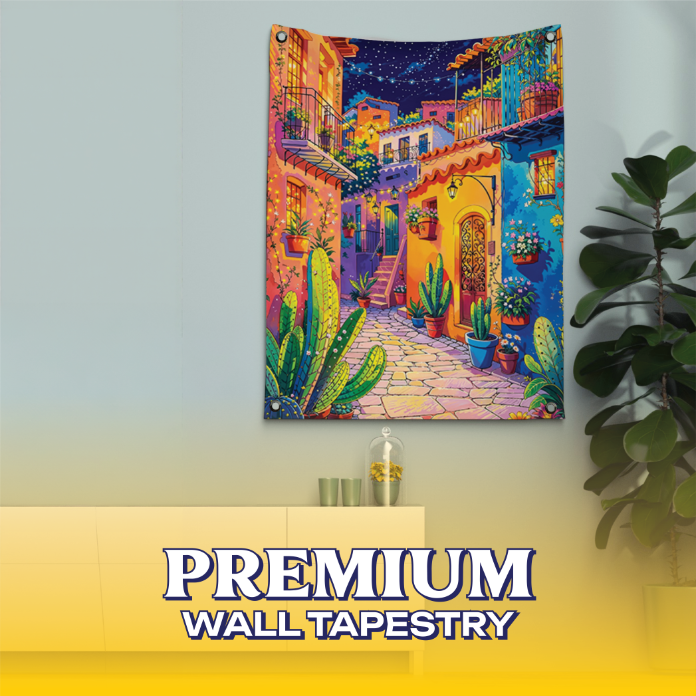 Vibrant Mexican Alley Tapestry The Vibrant Mexican Alley Tapestry hanging on a wall, featuring a festive cobblestone street scene with colorful houses and papel picado banners.