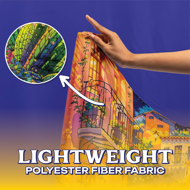 Vibrant Mexican Alley Tapestry material Close-up of the lightweight polyester fabric on the Vibrant Mexican Alley Tapestry, showcasing the colorful street scene print and soft texture.